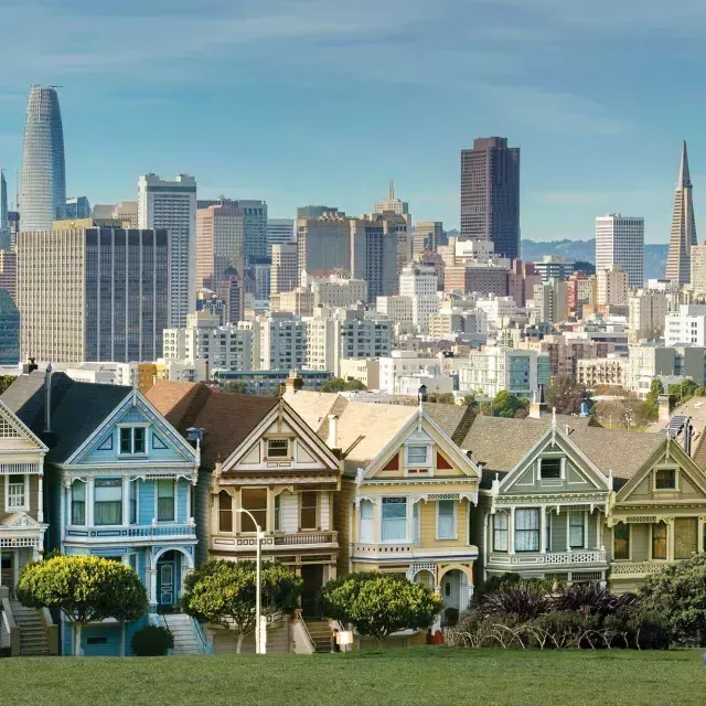 Picnickers sit on 的 grass at Alamo Squ是 Park with 的 涂女士 and San Francisco skyline in 的 background.